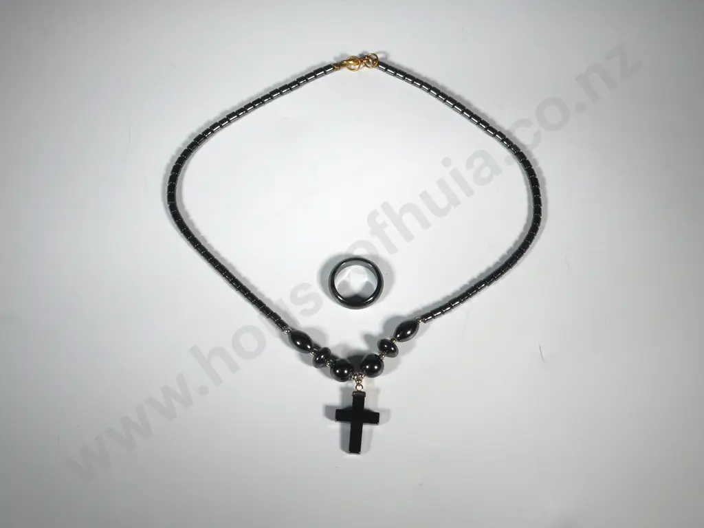 Hematite Style Crucifix Necklace & Ring Image 1++