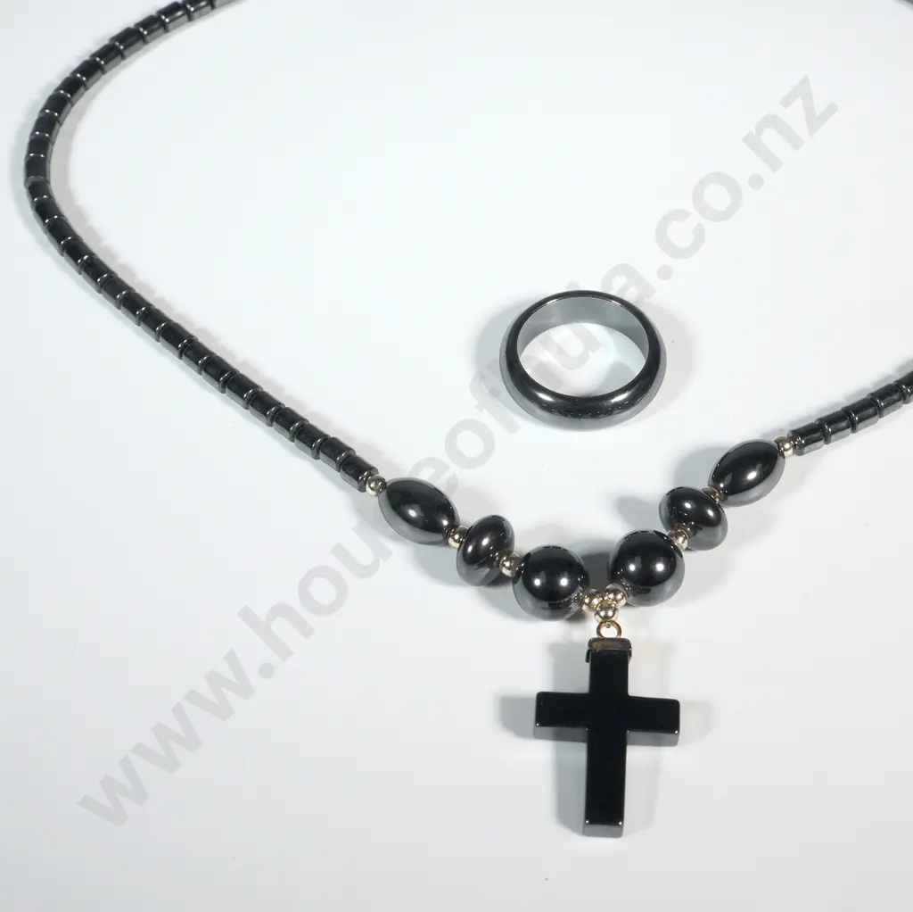 Hematite Style Crucifix Necklace & Ring Image 1++