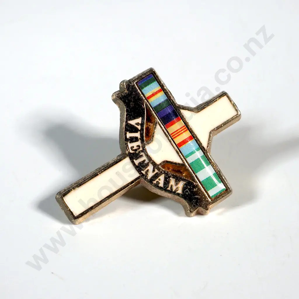 Enamel/Gold Coloured Lapel Badge Annotated 'Vietnam' & w Ribbon Strip. Image 1++