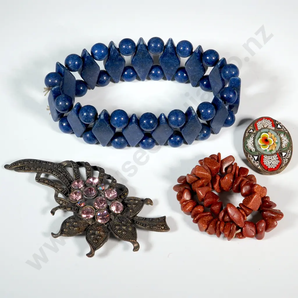 Lapis & Red Goldstone Stone Bracelets, A Marchisite/Coloured Gem Brooch & an Italian Brooch w Broken Pin. Image 1++
