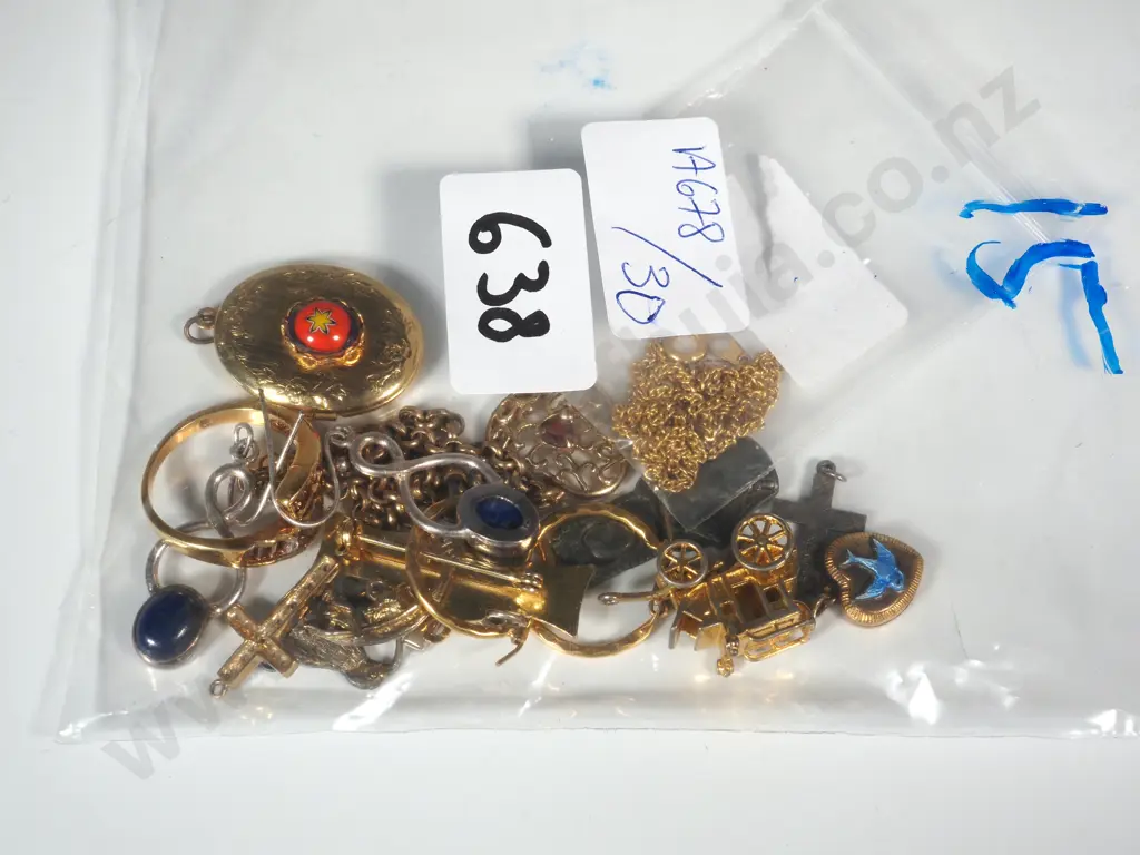 Assorted Lot incl Gold & 9ct Gold LIned Coloured Lockets, Lattice Heart Bracelet, Charms, Earlings, Crucifixes & Chain. Image 1++