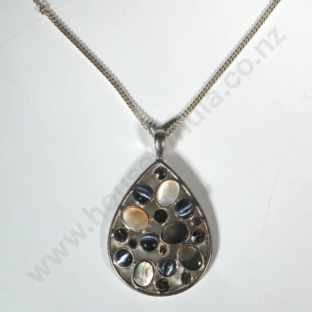 Sterling Silver Flat Link Chain With Large Tear Drop Pendant Set With Various Round & Oval Stones Image 1++