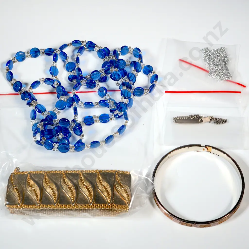German Silver Coloured Chain, Blue/Clear Bead Necklace, Silver/Gold Coloured Snap Bangle, Gold Coloured Bracelet. Image 1++