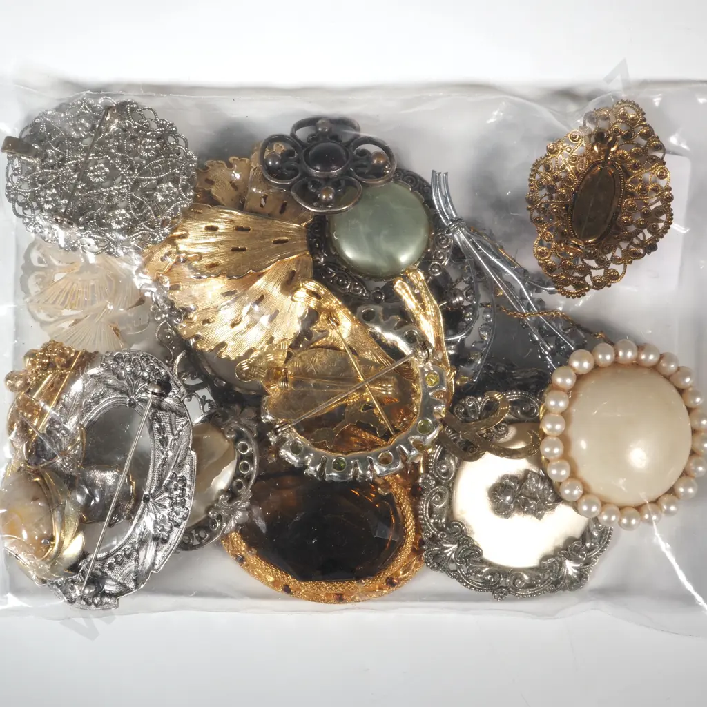 Large Quantity Of Costume Brooches Including Mother Of Pearl, Cloisonne & Coloured Stone  Image 1++