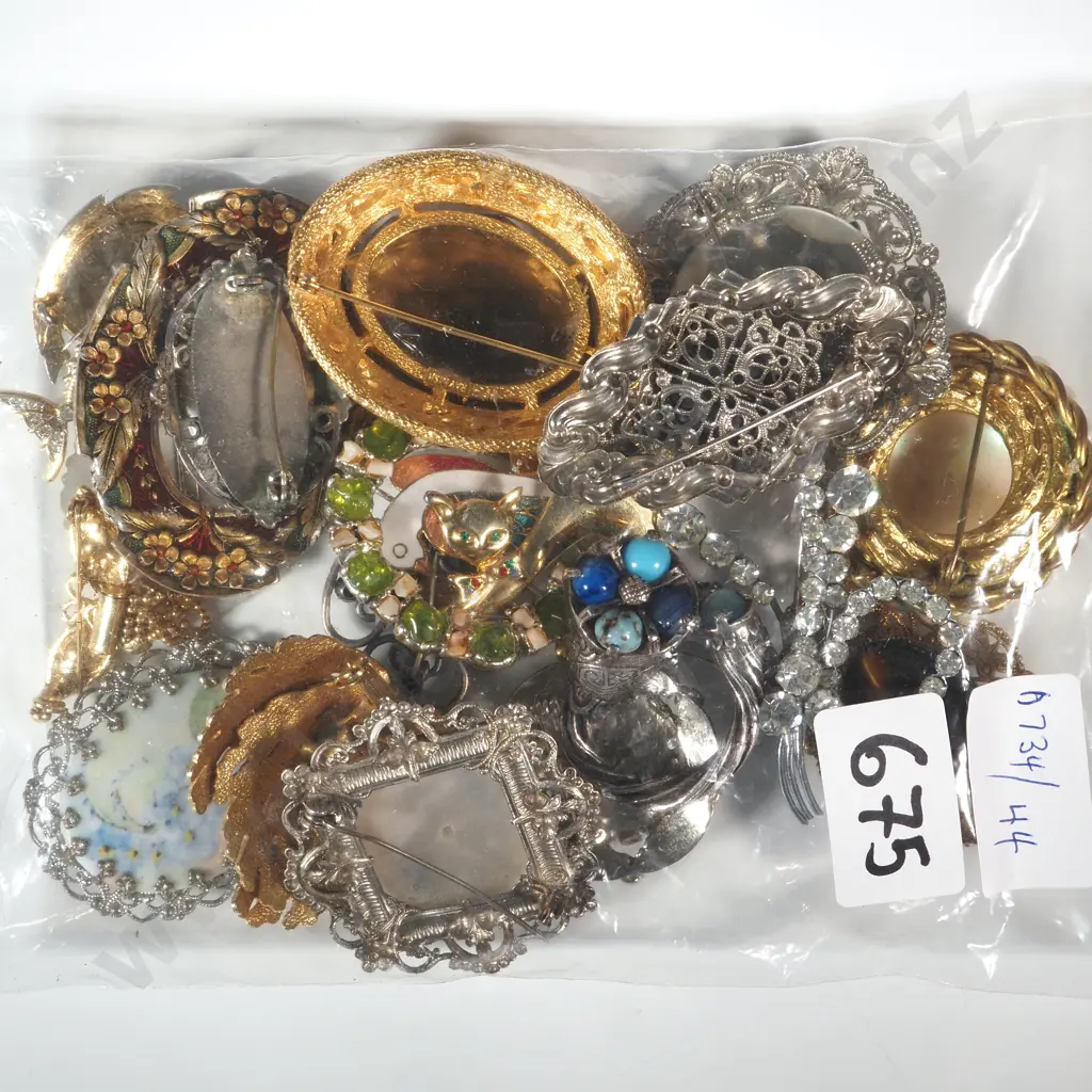 Large Quantity Of Costume Brooches Including Mother Of Pearl, Cloisonne & Coloured Stone  Image 1++