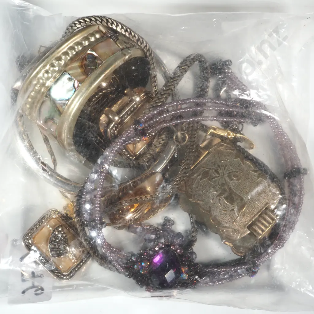 Bag of Silver Tone Bangles & Necklaces & A Gold Tone Bracelet w Stones Image 1++