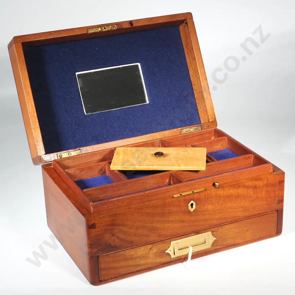 Antique Cross Inlaid & Crossbanded Jewellery/Sewing Box With Drawer Below & Inlaid Brass Cartouche. Drawer Below Image 1++