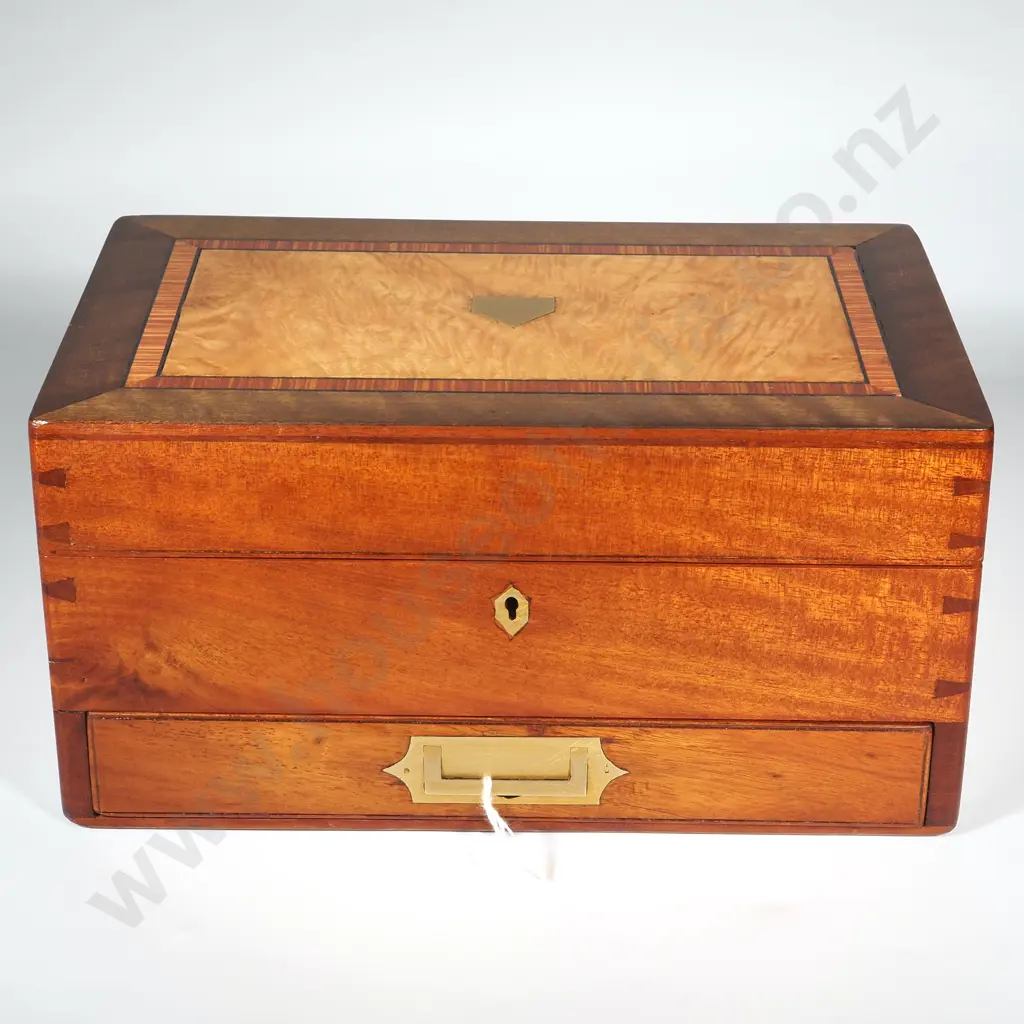 Antique Cross Inlaid & Crossbanded Jewellery/Sewing Box With Drawer Below & Inlaid Brass Cartouche. Drawer Below Image 1++