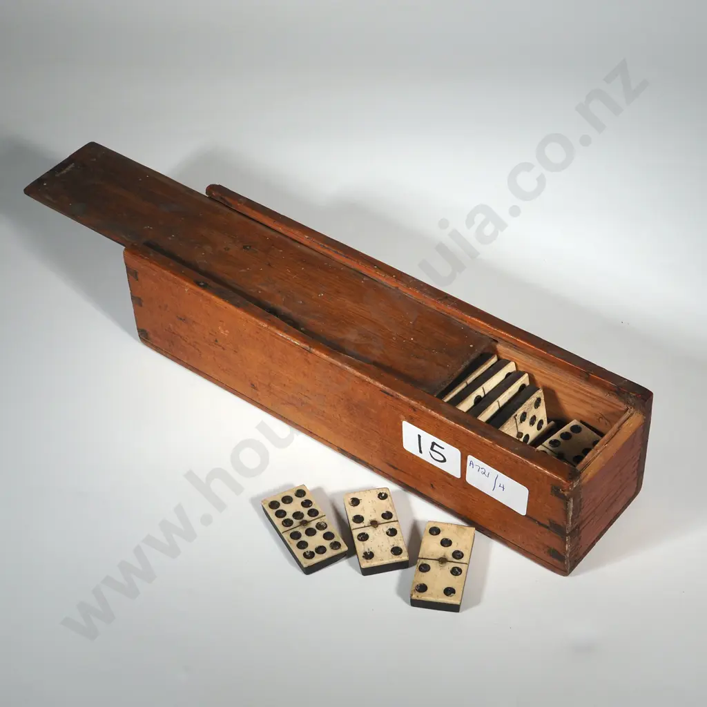 Antique Handmade Bone & Ebony Dominos -In  Original Wooden Oak Box .Original Retailer Stamp To Box End Image 1++