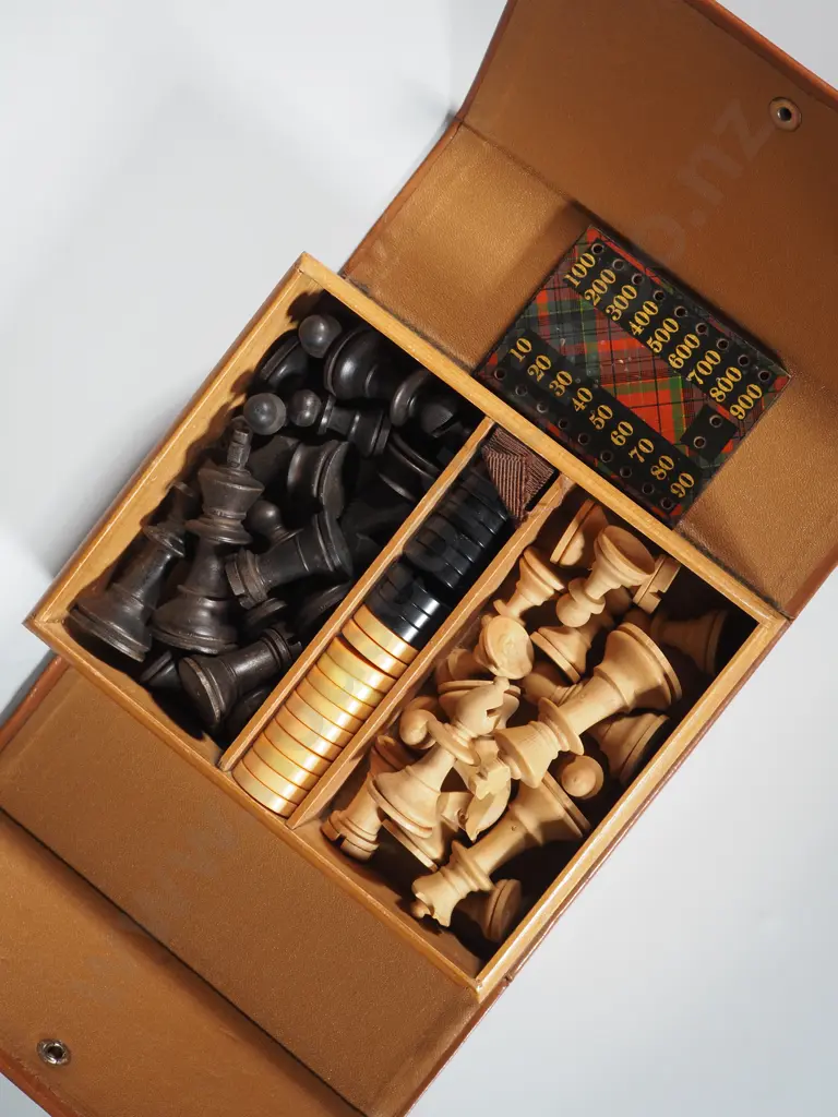 Case Containing Vintage Wooden Miniature Chess Set,  Plastic Draught Counters & A Miniature Tartan Whist Board Image 1++