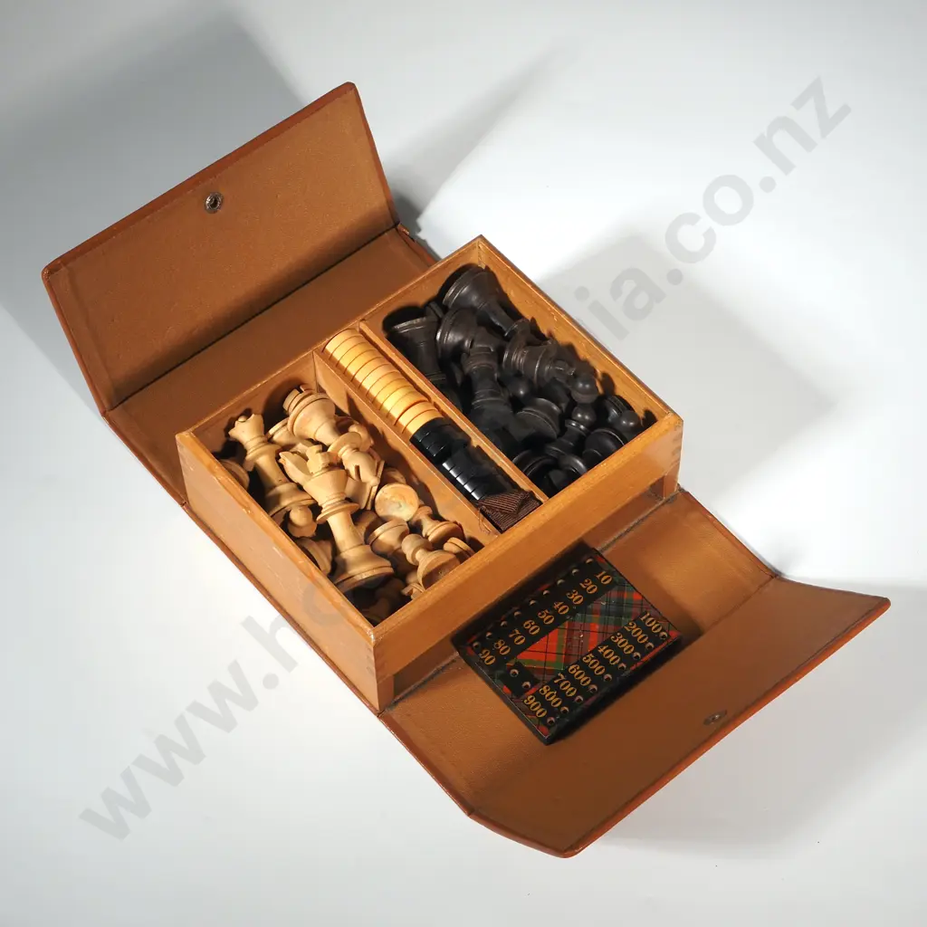 Case Containing Vintage Wooden Miniature Chess Set,  Plastic Draught Counters & A Miniature Tartan Whist Board Image 1++
