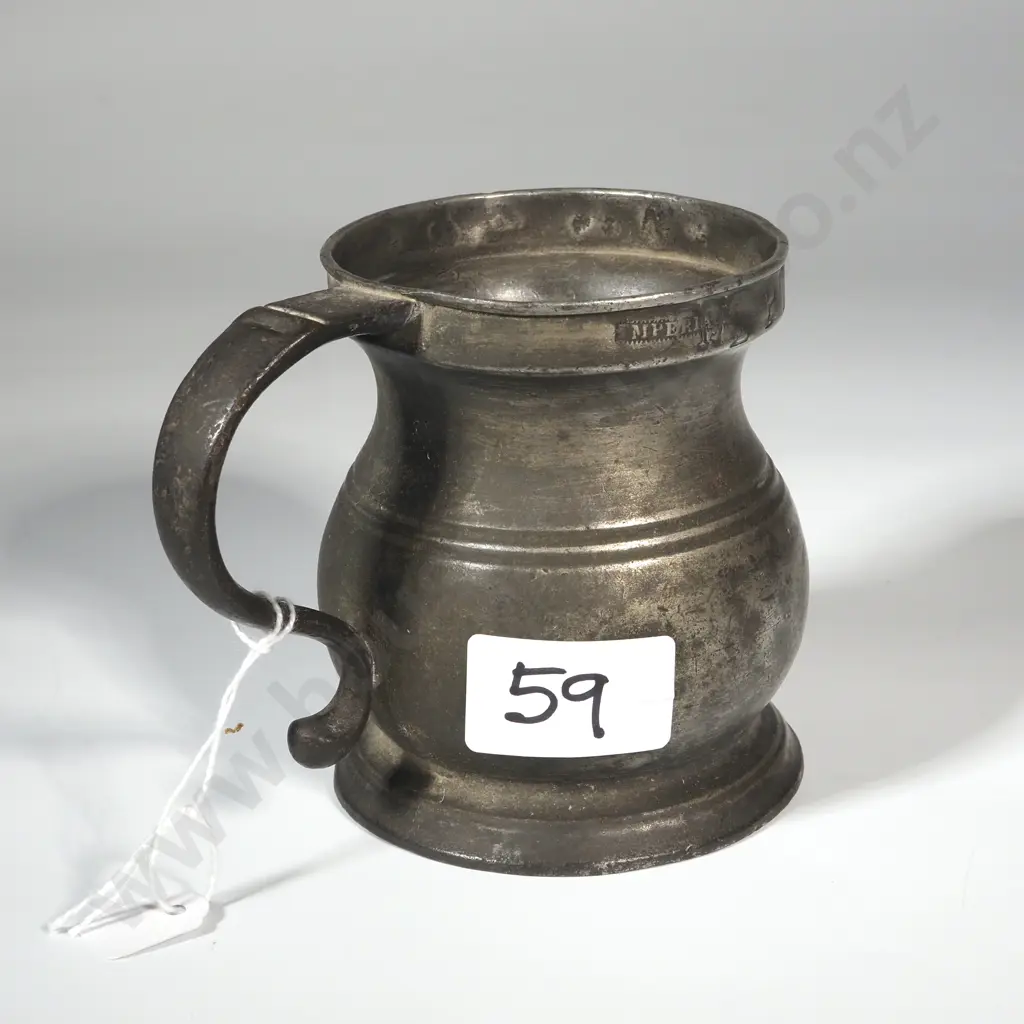Antique Pewter  Drinking Vessel Stamped 'Imperial 1/2 P.T. 100 No2  92 VR 44 1890 & Various Other Marks. Image 1++