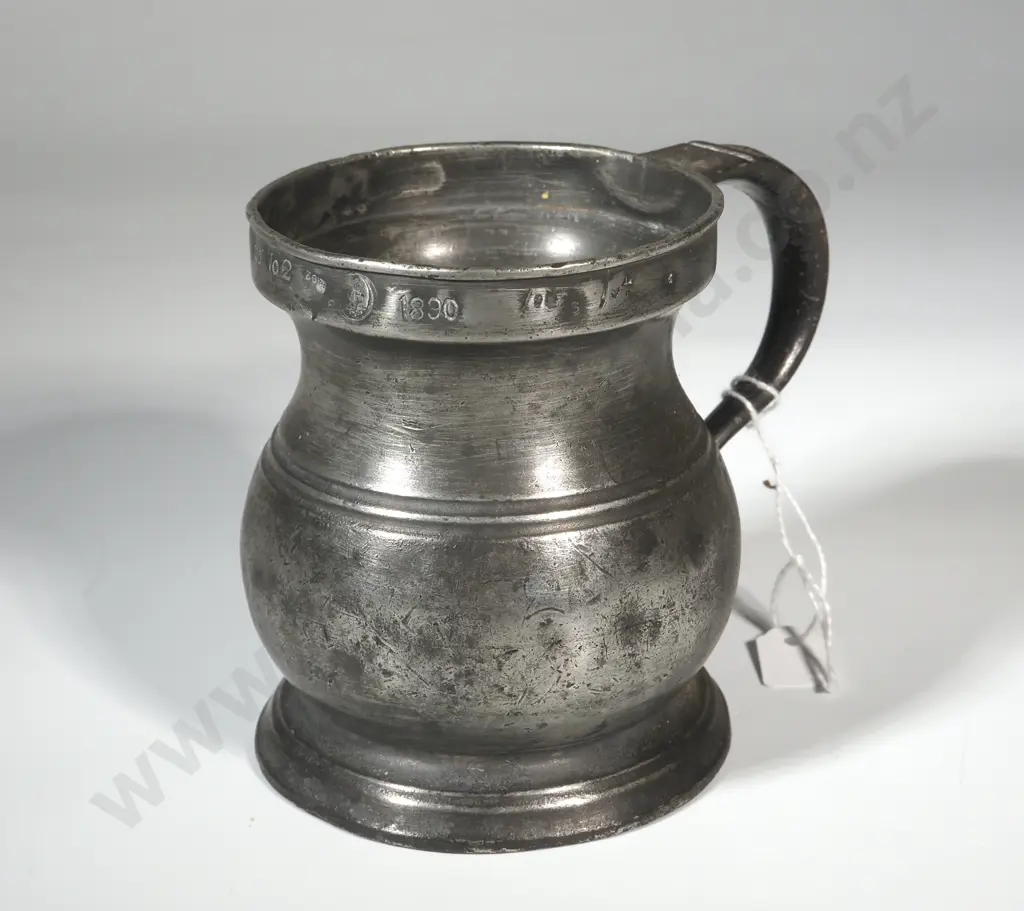 Antique Pewter  Drinking Vessel Stamped 'Imperial 1/2 P.T. 100 No2  92 VR 44 1890 & Various Other Marks. Image 1++