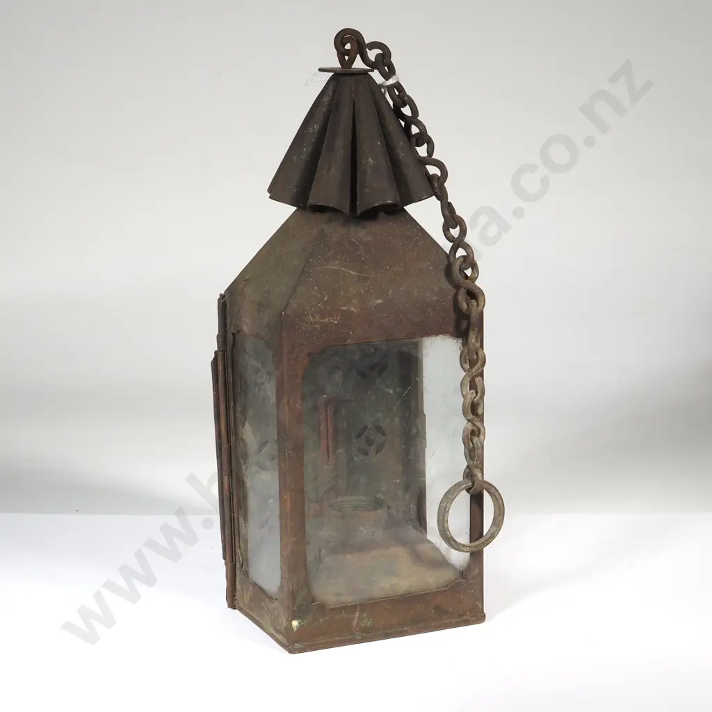 Early Hand Held Tin Miners Lamp Missing Burner w Suspension Chain Image 1++