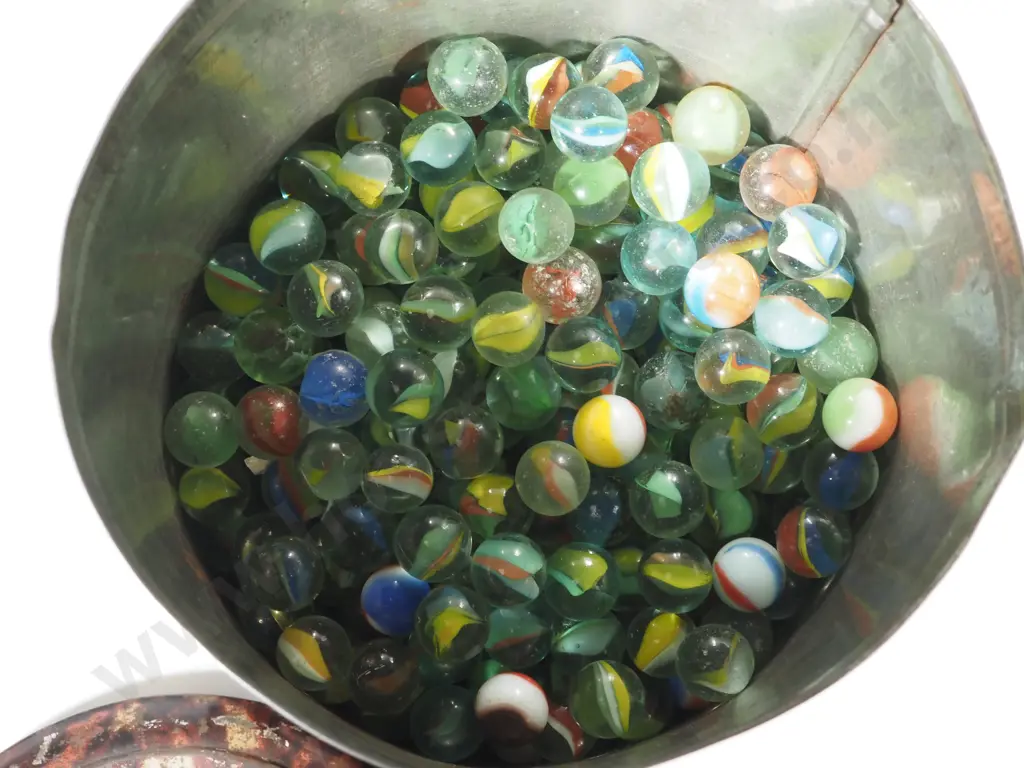 Large Vintage Biscuit Tin with Paint Effect  Containing A Large Quantity Of Marbles. Image 1++