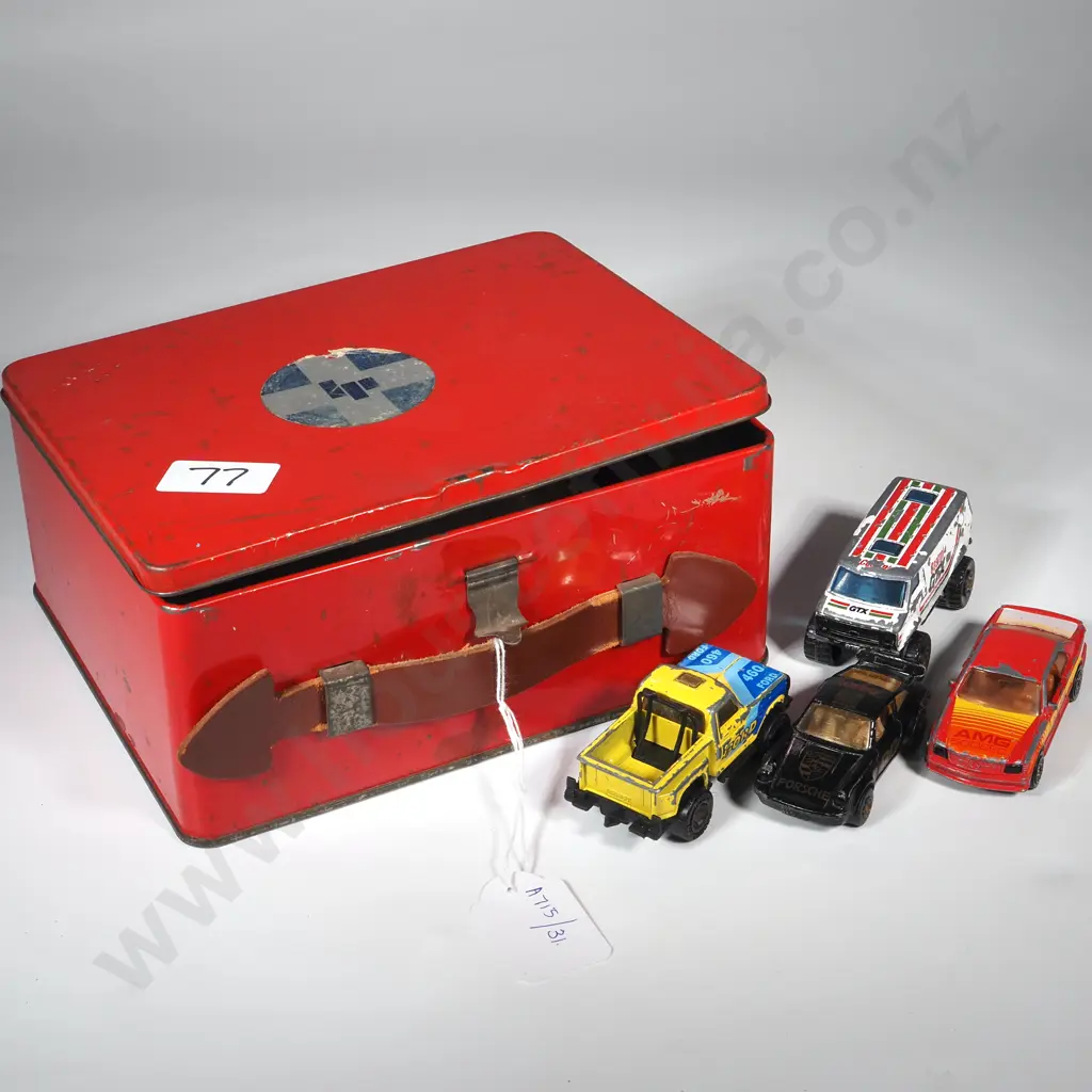 Vintage Red  Tin Containing Four Matchbox Vehicles - 4 x 4 Chevy Van, Mercedes 500, Porche Turbo, Flareside Pick Up Image 1++