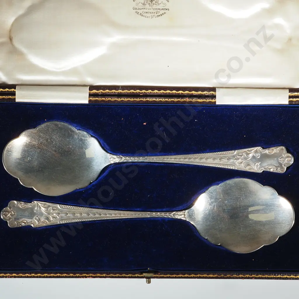 Boxed Set Of Two Ornate Sterling Silver Serving Spoons By Goldsmiths & Silversmiths Company Ltd. Image 1++