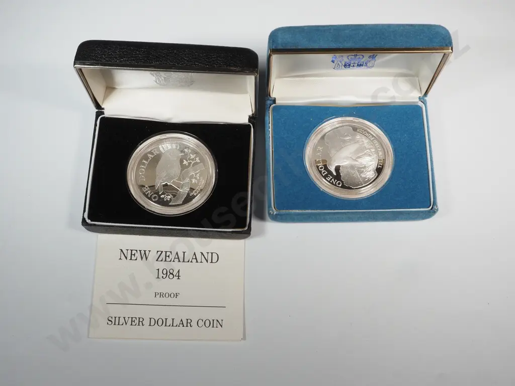 Two Cased Sterling Silver New Zealand Proof Dollars Image 1++