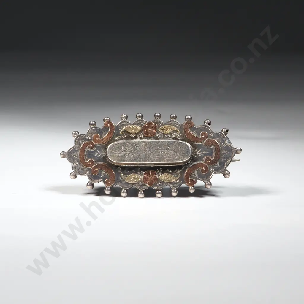 Sterling Silver Filligree Brooch w Gold Accents - English Hallmarks Image 1++