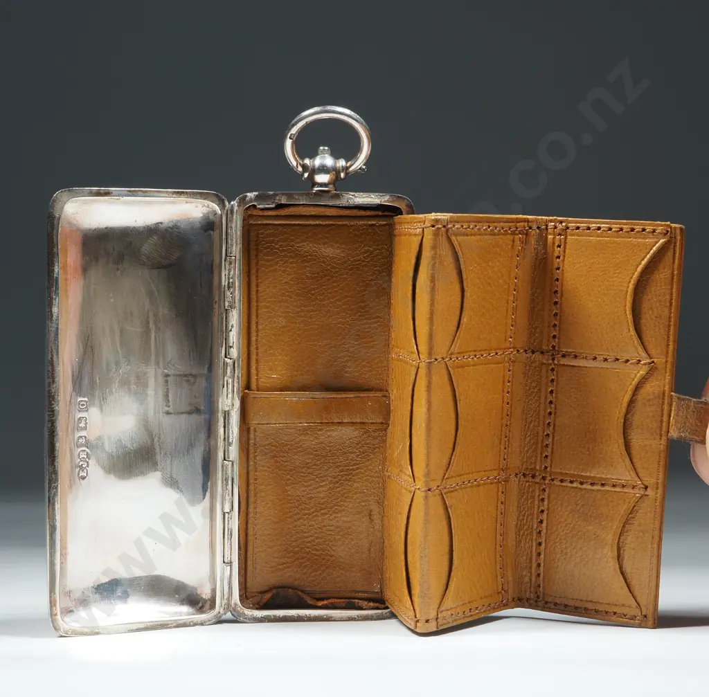 Unusual Large Antique Sterling Silver Sovereign Holder w Leather Interior Image 1++