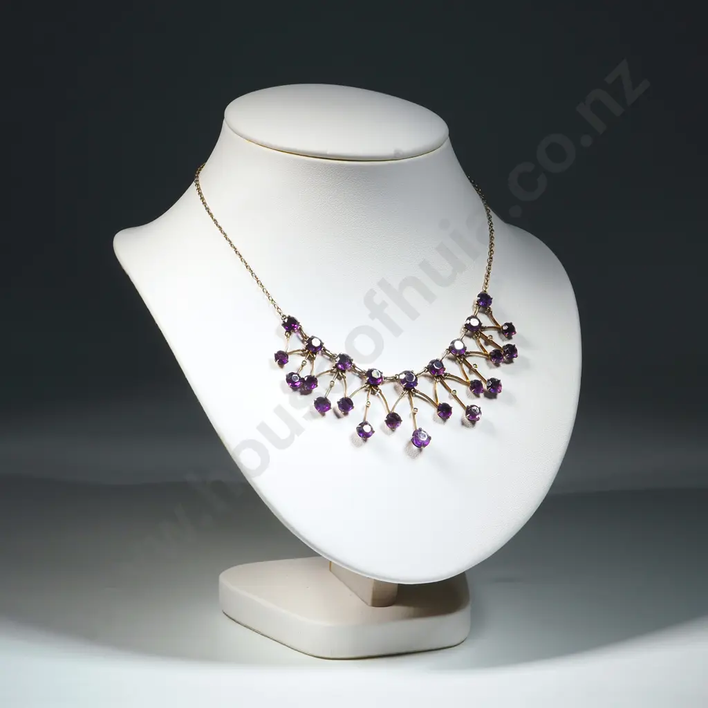 Vintage Sterling Silver & Purple Gem Collar Necklace w Seed Pearl Accents Image 1++