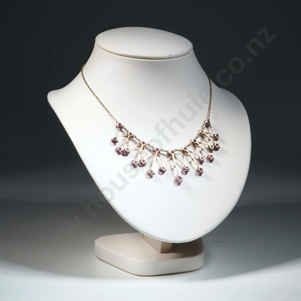 Vintage Sterling Silver & Purple Gem Collar Necklace w Seed Pearl Accents Image 1++