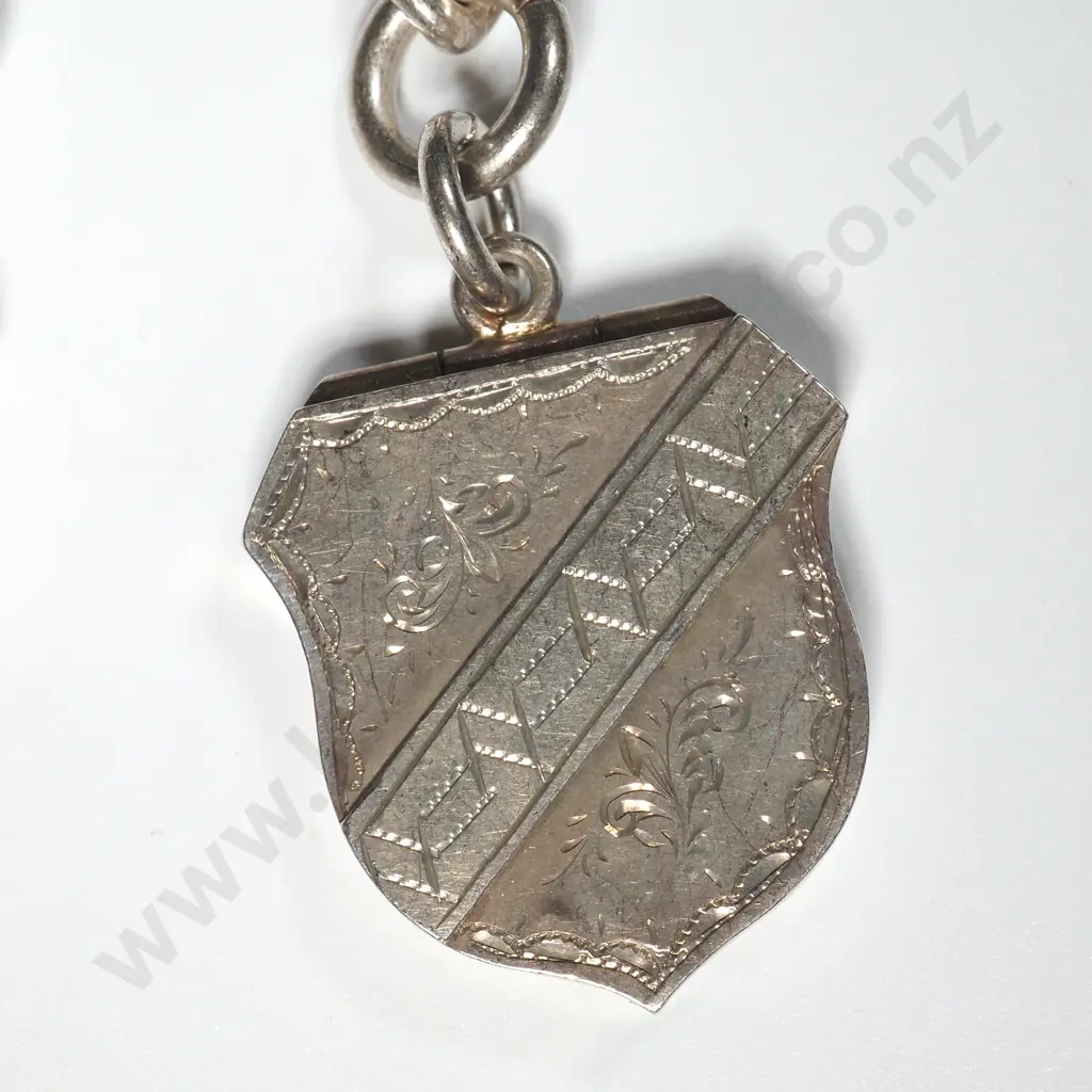 Sterling Silver Chain Link Watch Chain With T Bar & Shield Shaped Locker Image 1++