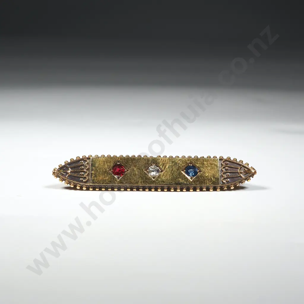 15ct Gold Ruby Diamond & Sapphire Brooch Image 1++