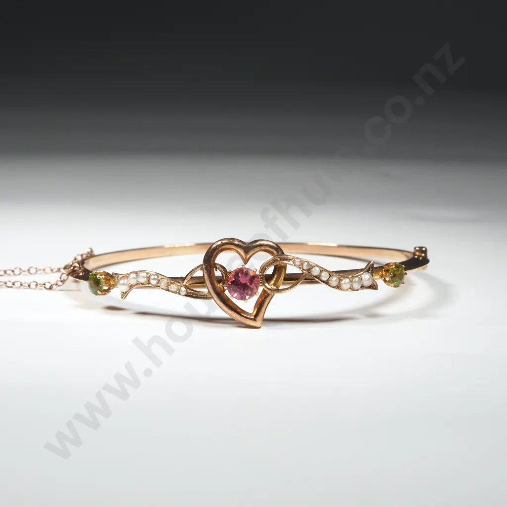 9ct Gold Bracelet w Seedpearls Green & Blue Gems in Period Case Image 1++