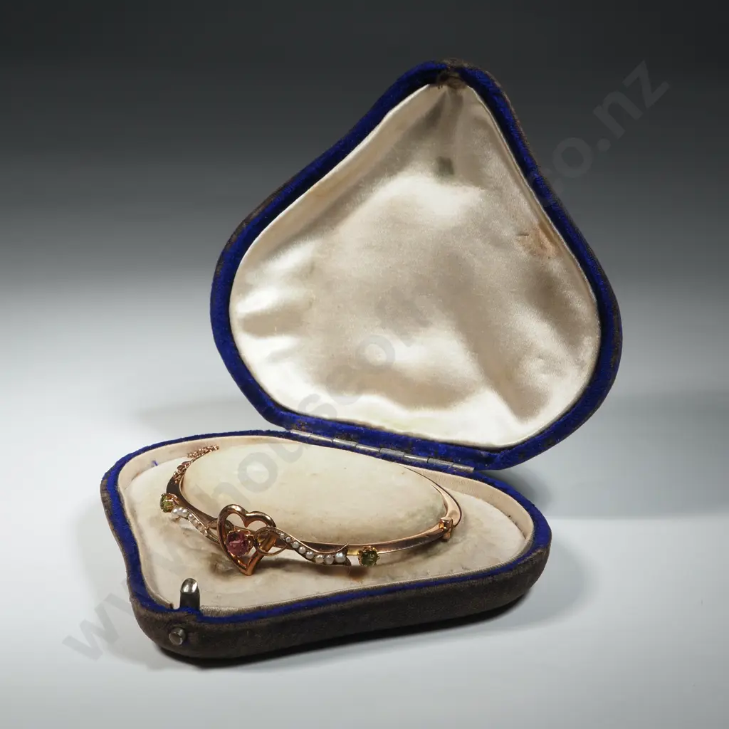 9ct Gold Bracelet w Seedpearls Green & Blue Gems in Period Case Image 1++