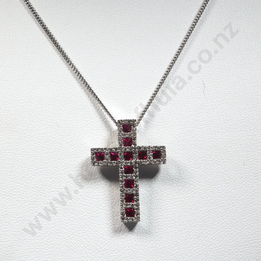 18ct White Gold Ruby & Diamond Pendant w English Hallmarks on 9ct White Gold Chain Valued at $7,500.00 Image 1++