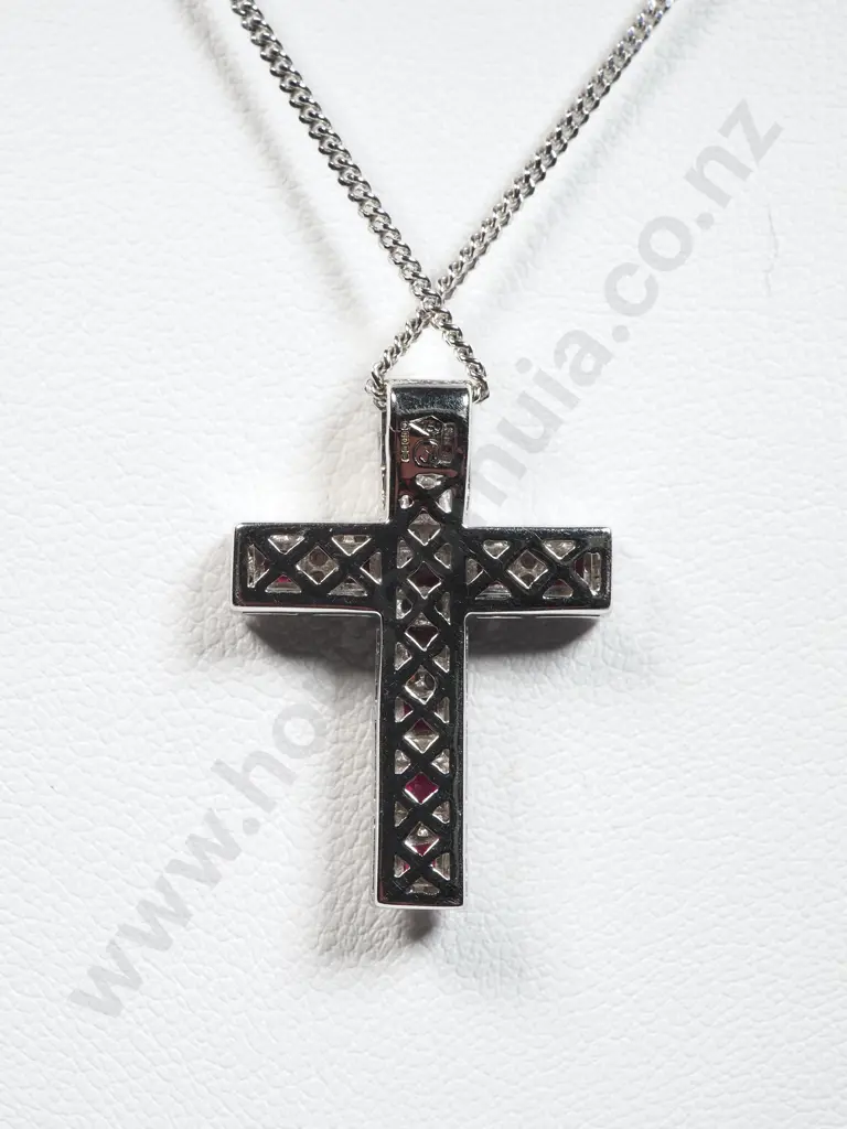 18ct White Gold Ruby & Diamond Pendant w English Hallmarks on 9ct White Gold Chain Valued at $7,500.00 Image 1++