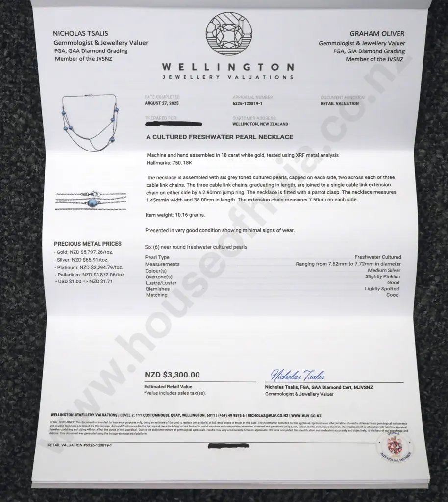 18ct White Gold Cultured Pearl Necklace Valued at $3,300.00 Image 1++