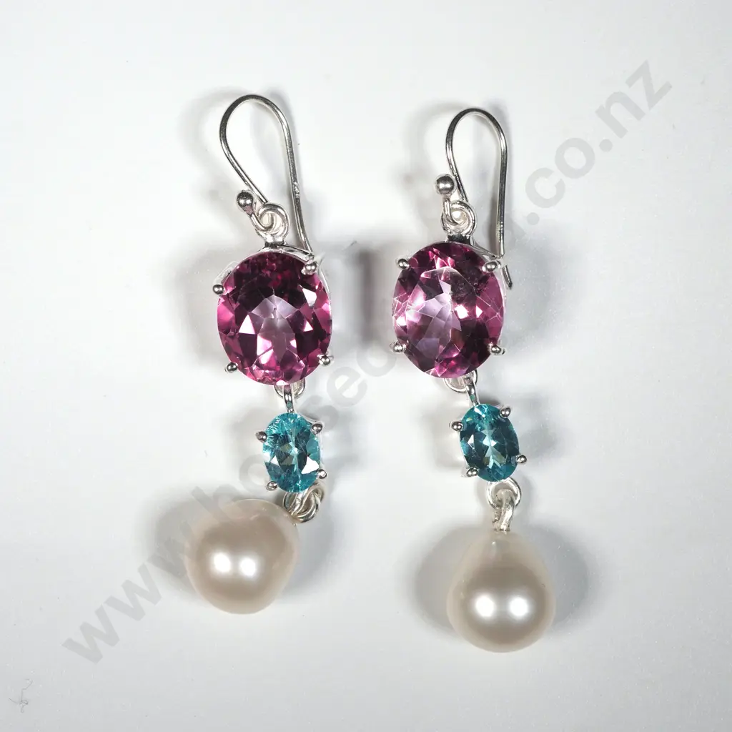 Sterling Silver Drop Earrings w Blue Topaz, Pink Topaz, & Pearls. Image 1++