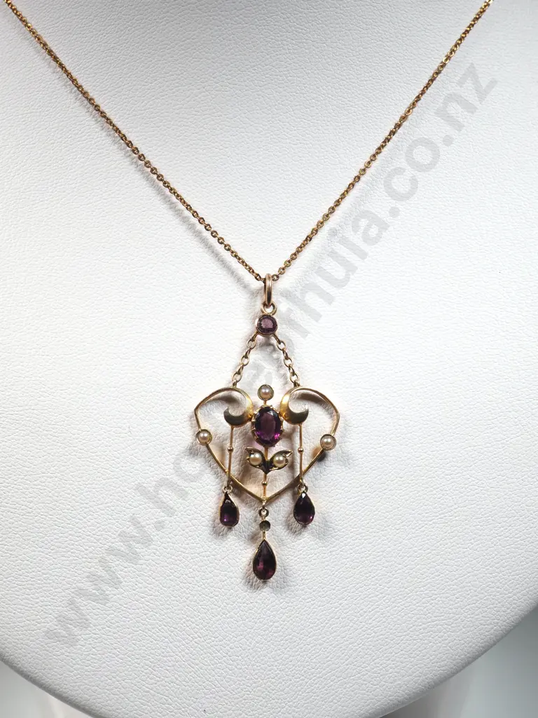 9ct Gold Edwardian Pendant & Chain w Amethyst & Seedpearls Image 1++