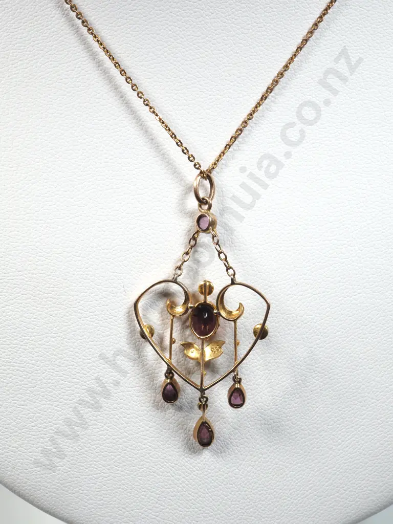 9ct Gold Edwardian Pendant & Chain w Amethyst & Seedpearls Image 1++