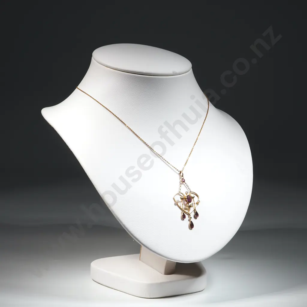 9ct Gold Edwardian Pendant & Chain w Amethyst & Seedpearls Image 1++