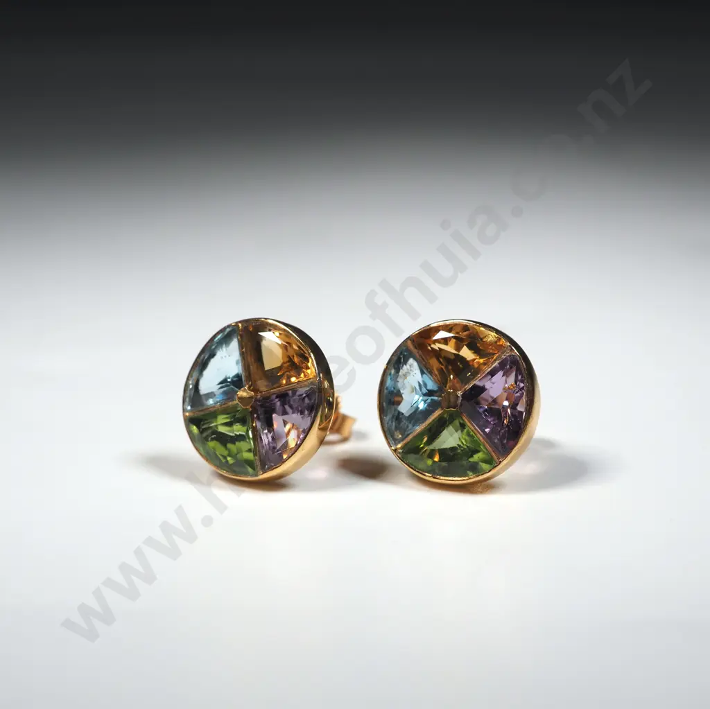 14ct Gold Circular Ear Studs w Citrine, Amethyst, Peridot, Blue Topaz. Image 1++