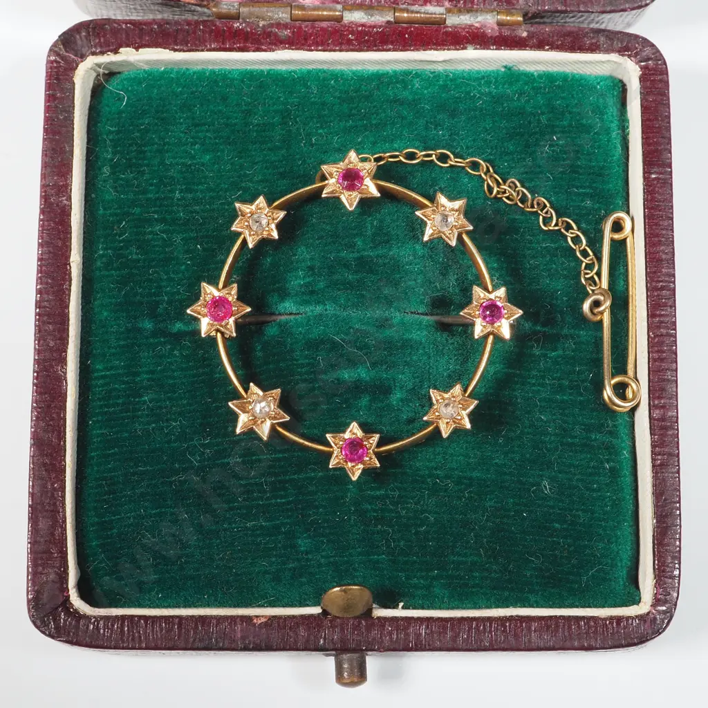 Antique 15ct Gold Brooch w Diamonds & Rubies in Period Image 1++