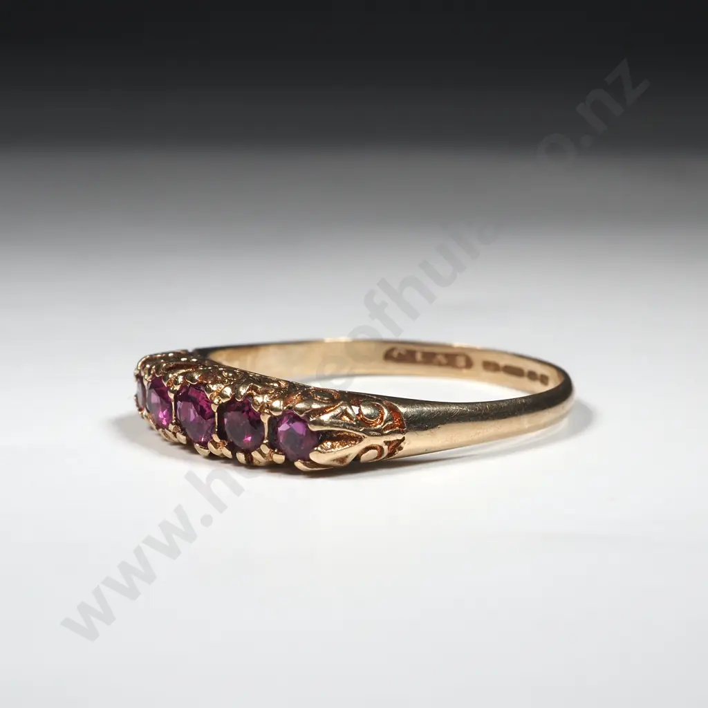 9ct Gold Five Ruby Bridge Set Ring English Hallmarks Image 1++