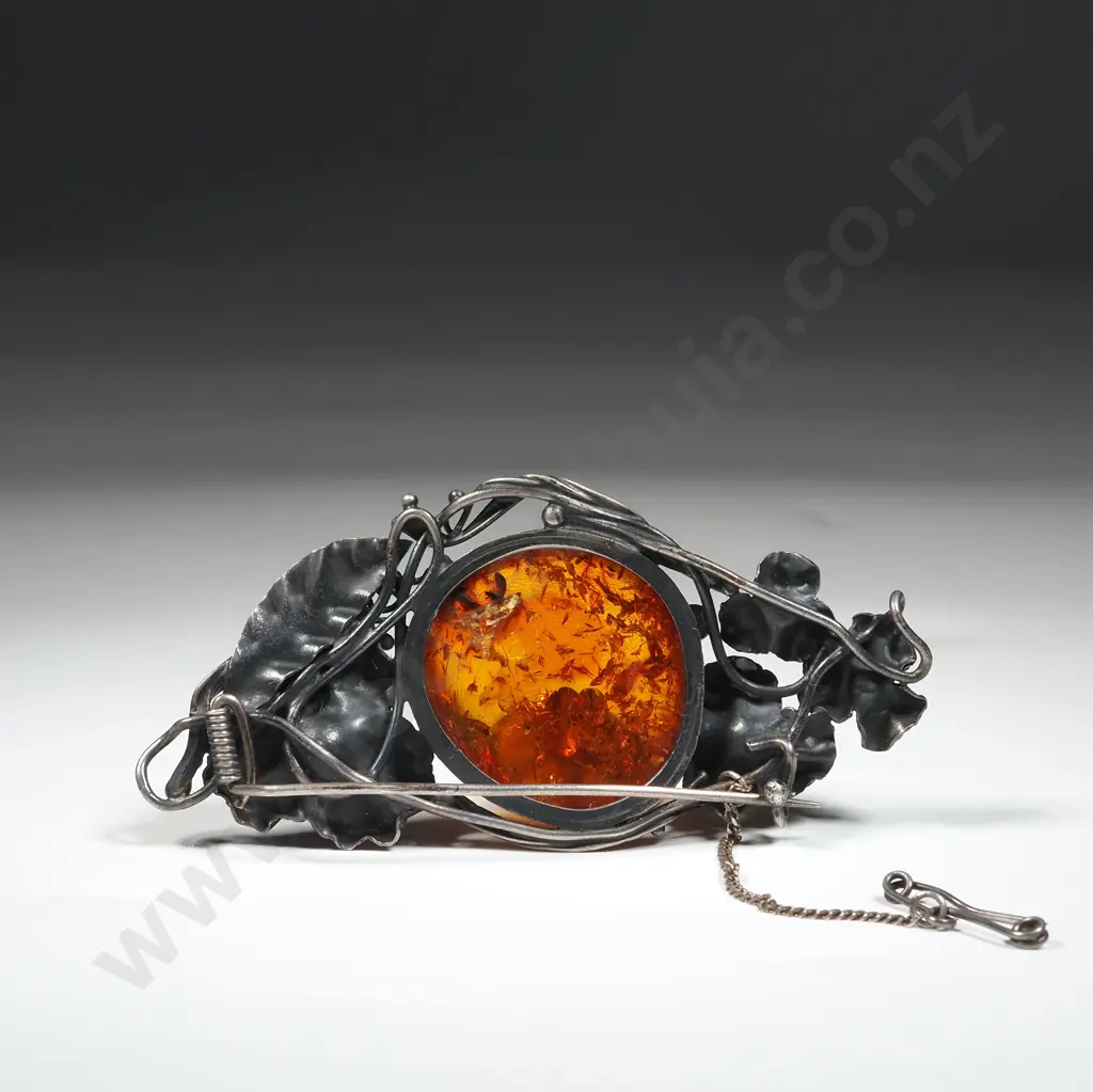 Ornate Floral Amber Brooch in Sterling Silver Image 1++