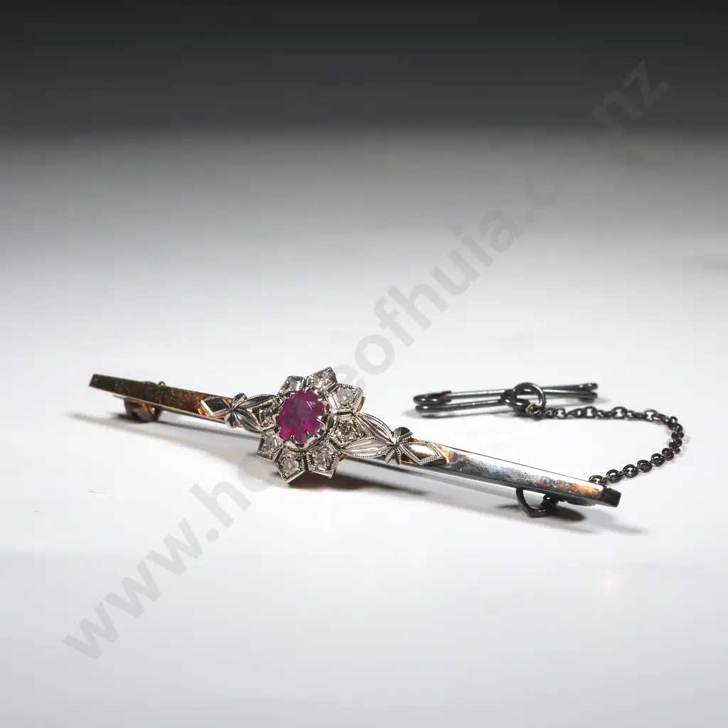 18ct Gold Ruby & Diamond Brooch Valued at $3,690.00 Image 1++