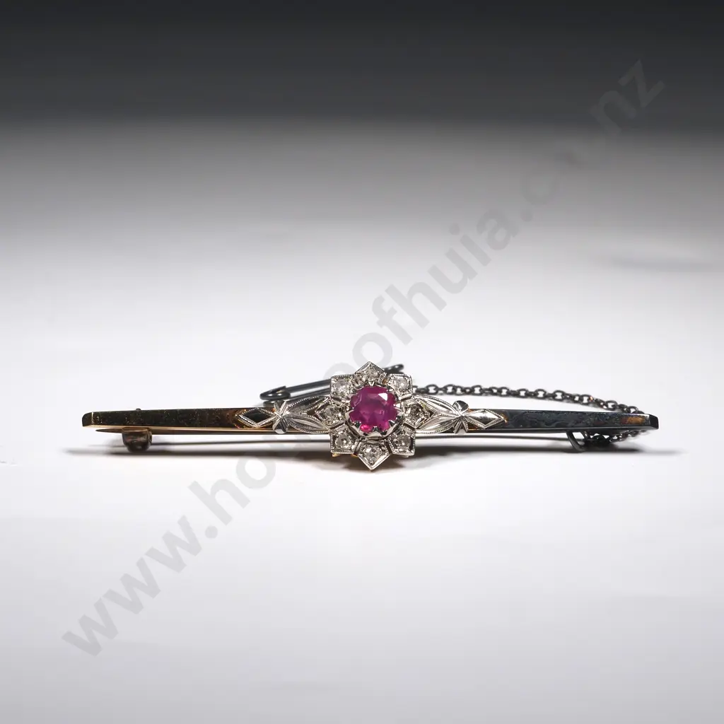 18ct Gold Ruby & Diamond Brooch Valued at $3,690.00 Image 1++
