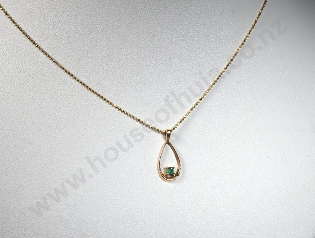 9ct Gold Emerald Tear Drop Pendant on 14ct Gold Bead Chain Image 1++