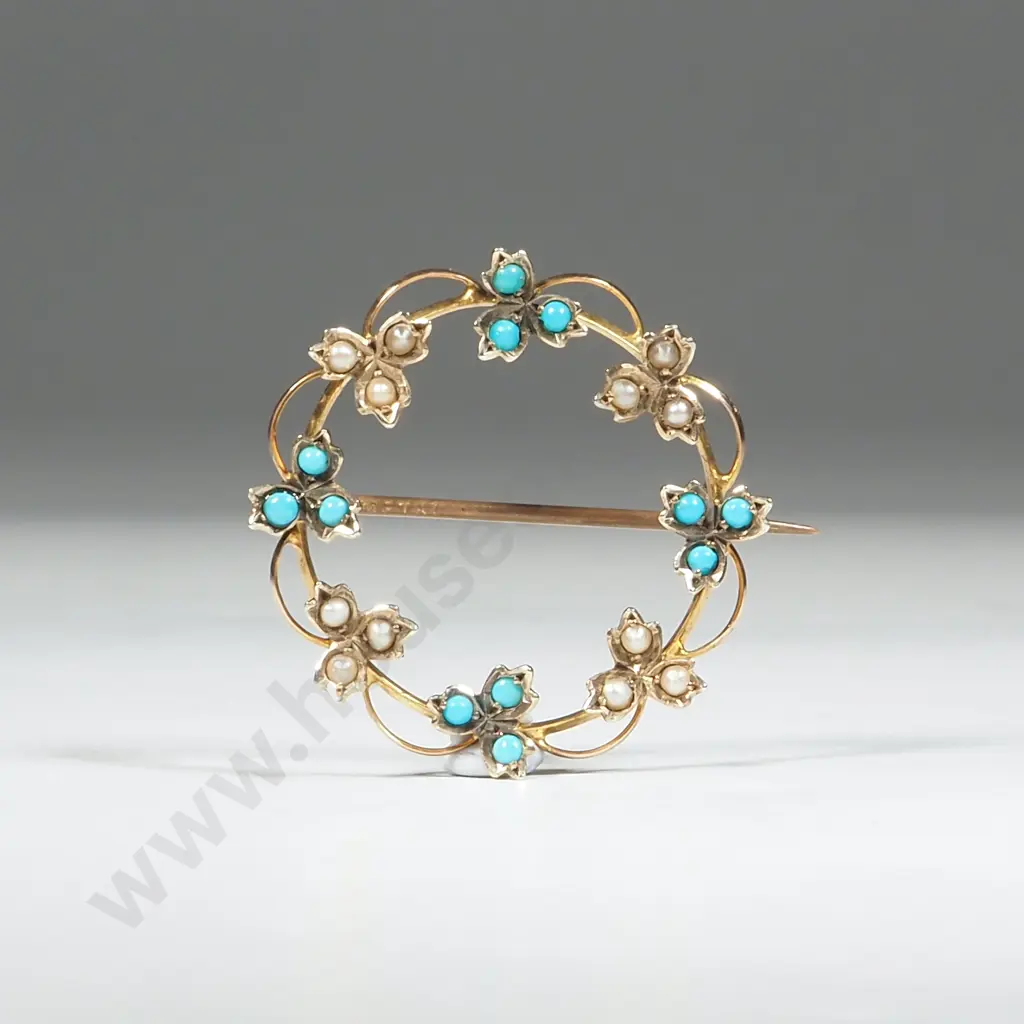 Edwardian Turquoise & Seed Pearl Brooch in 9ct Gold Image 1++