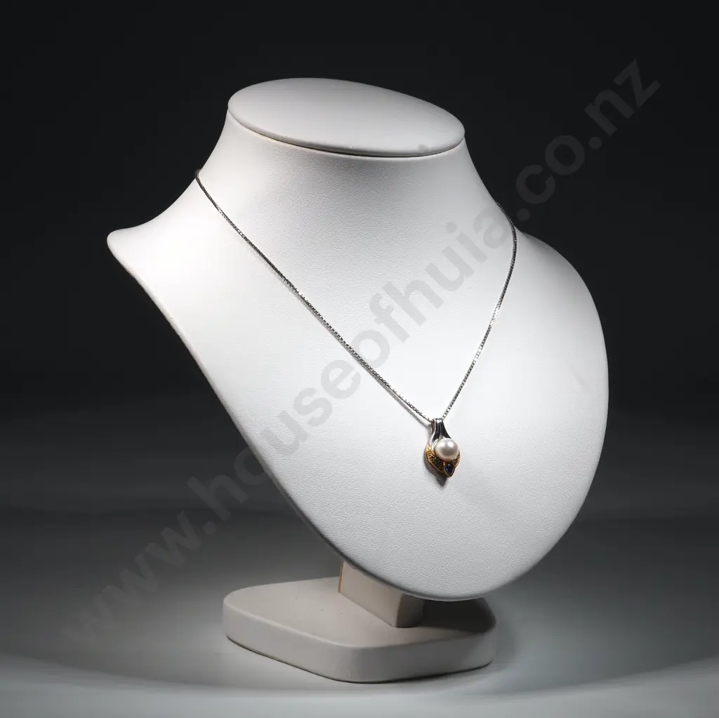 18ct Yellow & White Gold Pearl Diamond & Sapphire Pendant on 18ct White Gold Chain Image 1++