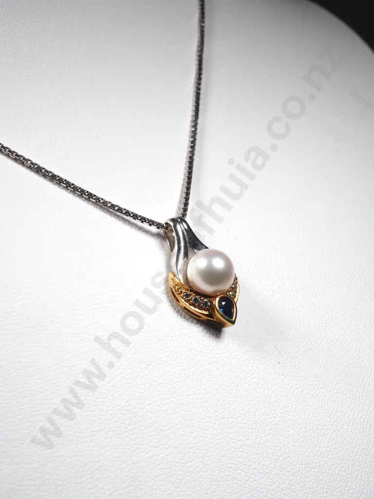 18ct Yellow & White Gold Pearl Diamond & Sapphire Pendant on 18ct White Gold Chain Image 1++