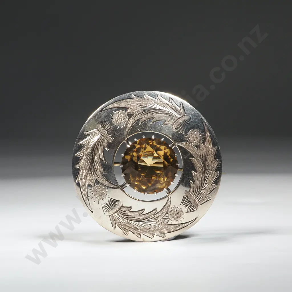 Scottish Brooch/Sash Pin With Central Citrine & Surrounded By Engraved Thistles  Image 1++