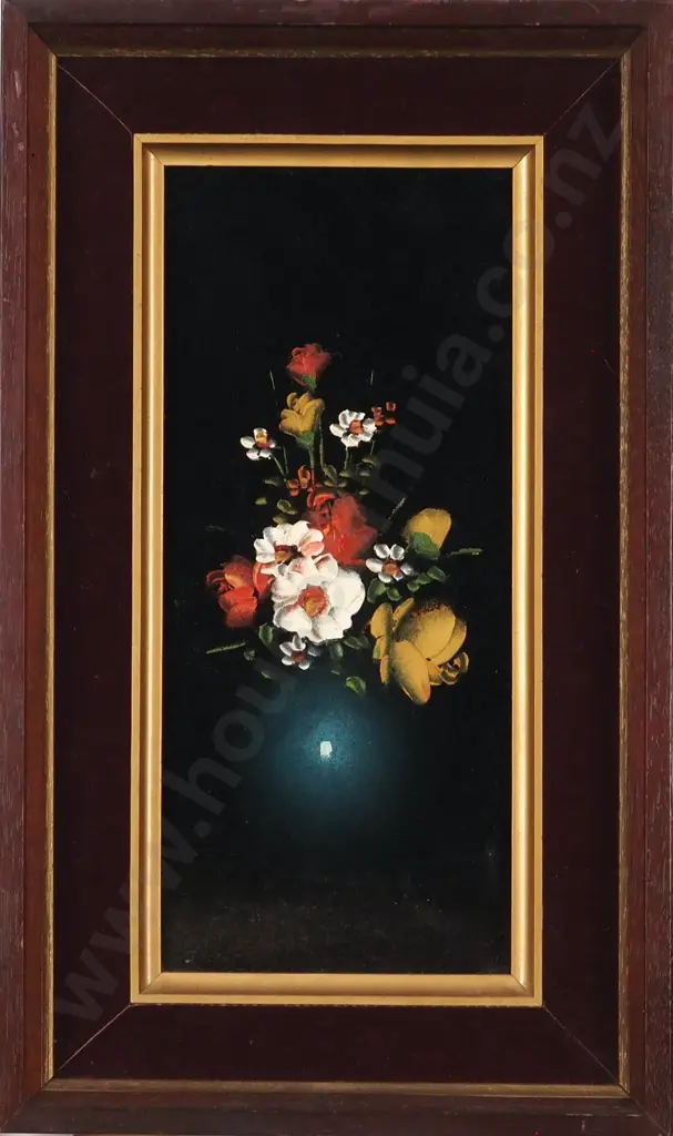 Vintage Red, White & Yellow Flowers in Blue Vase.  Paint on Velvet. Image 1++