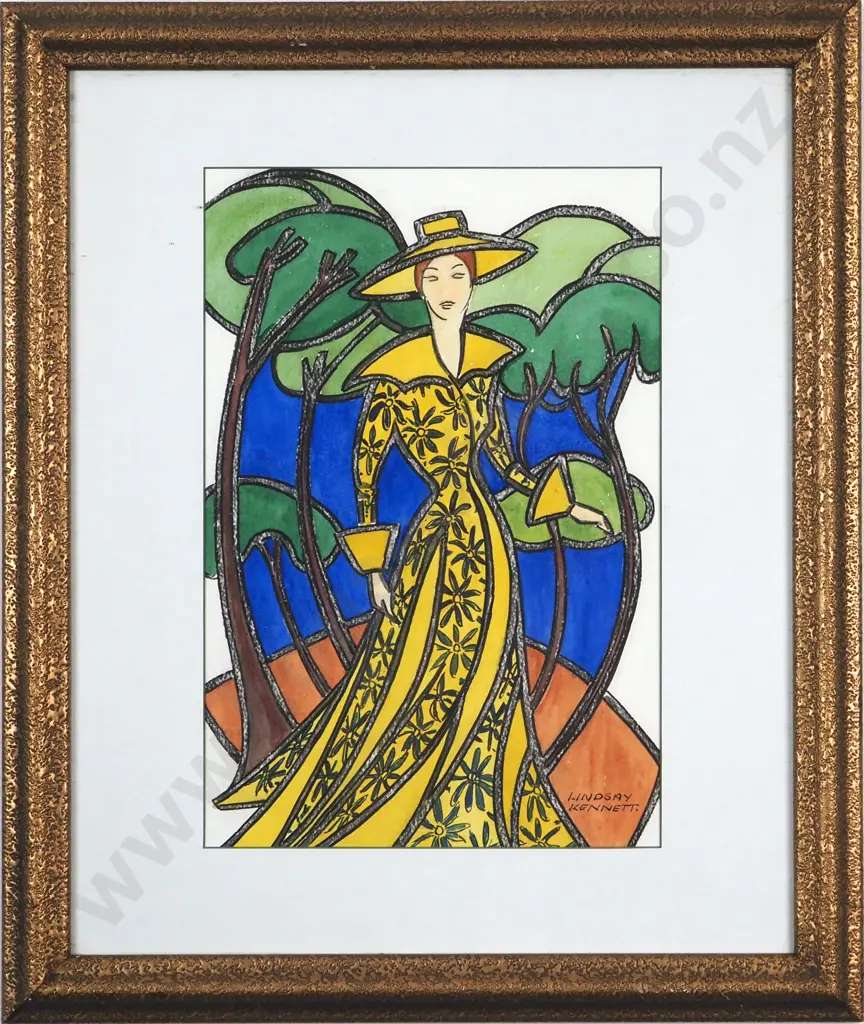 Lesley Kennett. Stylised Scene - Woman & Trees. Watercolour & Ink. Image 1++